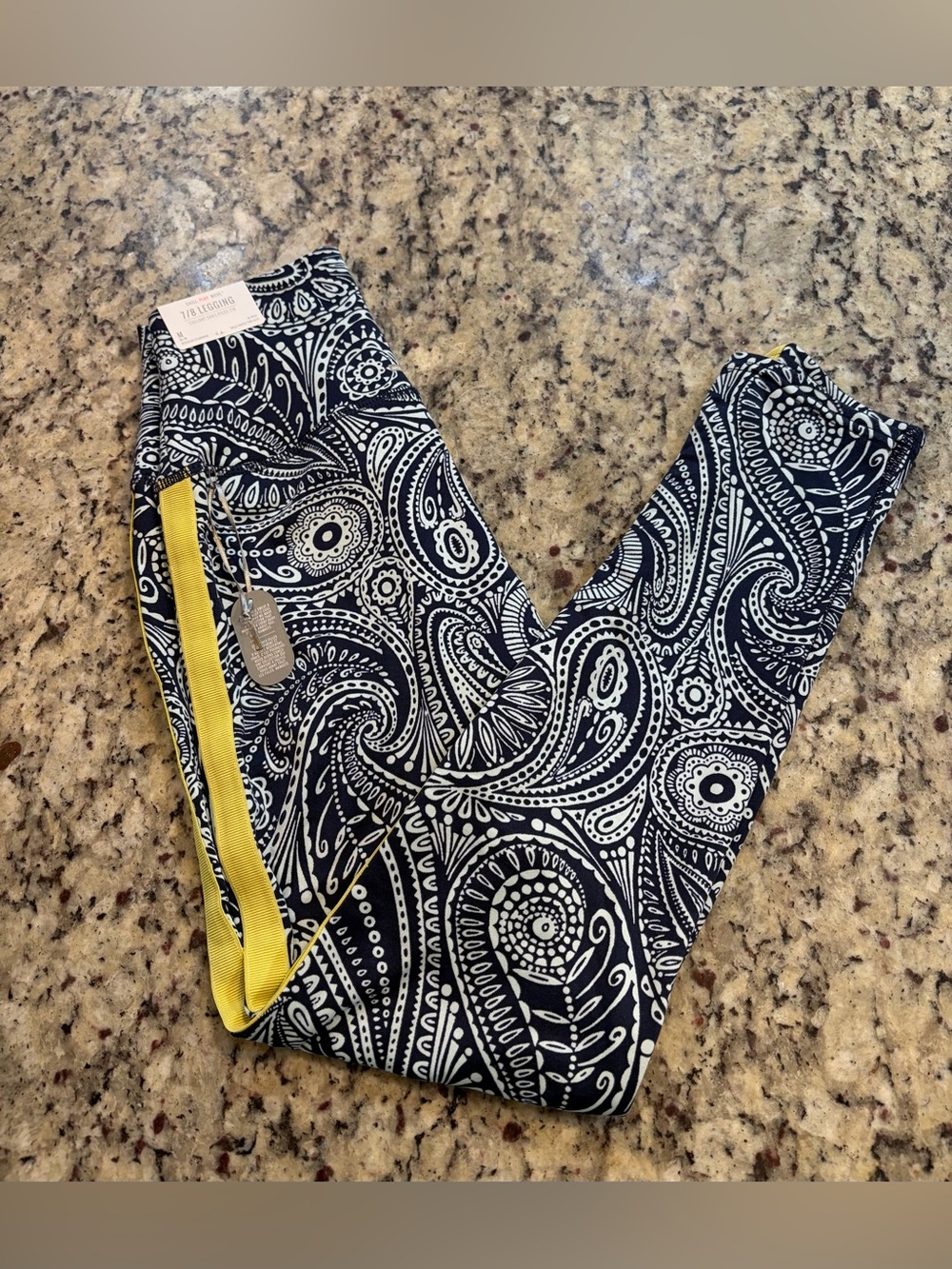 aerie Navy and White Paisley Leggings with Yellow Trim